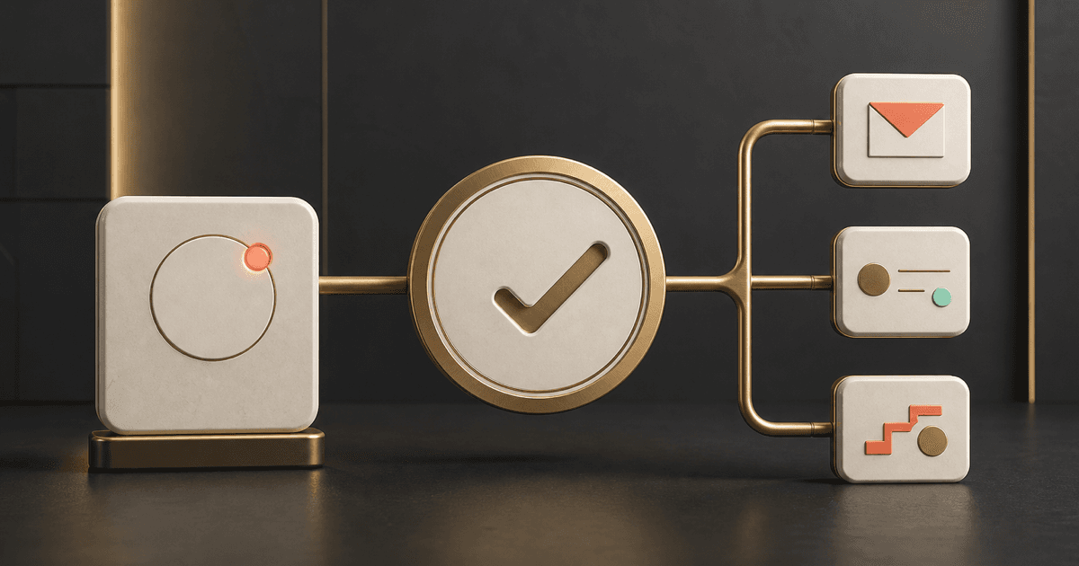 A milestone badge connecting to three automated follow-up paths