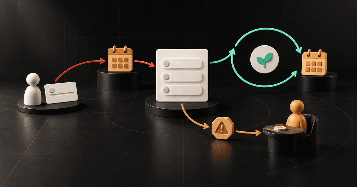 A coaching client commitment moving through a dated CRMX check-in, response card, human blocker review, and next-step loop