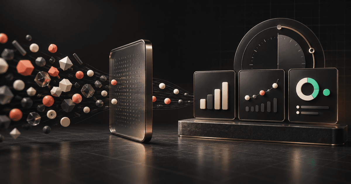 Business signals pass through a precise filter and become three focused dashboard views with a comparison dial
