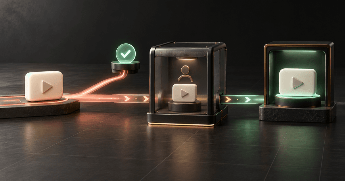 A video testimonial moves from capture through an automated thank-you and a deliberate review gate before public display